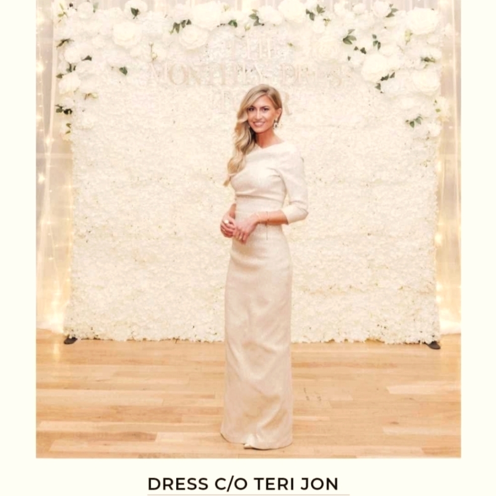 TERI JON Three-Quarter Sleeve Stretch Metallic Ruched Gown